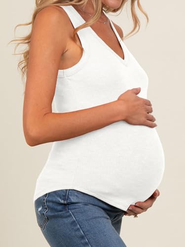Tankaneo Womens Maternity Tank Tops Sleeveless V Neck Ribbed Knit Shirts - color: White, size: Medium