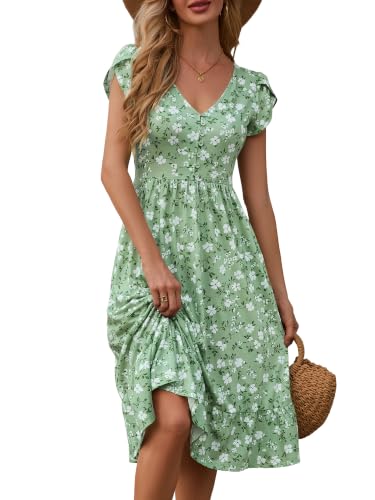 FENSACE Tulip Sleeve V Neck Button Down Dress with Pockets - color: Green White Floral-2, size: Medium