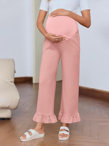 Yousify Womens Maternity Pants Ruffle Lounge Pregnancy Wide Leg Trousers - color: A-pink, size: Medium