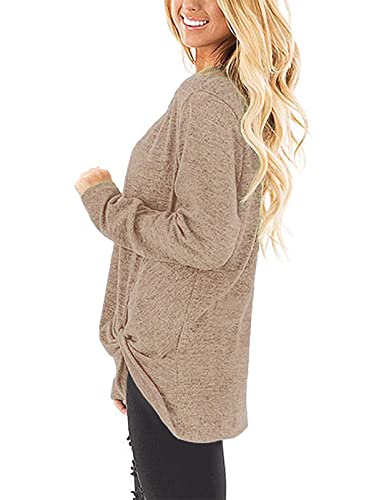 SimpleFun Womens Tops Long Sleeve Shirts V Neck Loose Twist Knot Fall Tunic - color: 02-beige, size: Large