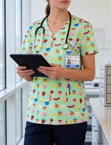 Women's Print Scrub Tops V Neck Short Sleeve Fun Scrubs Shirts - color: Breakfast, size: Small