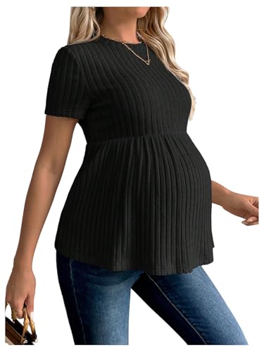 RoseSeek Women's Ribbed Knit Maternity T Shirt Short Sleeve Peplum Tops - color: Black, size: Medium