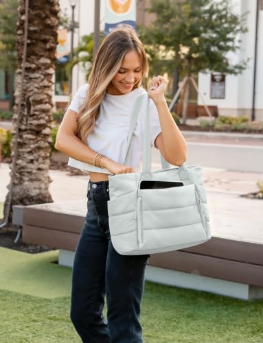 Uselike Tote Bag for Women with Zipper, Quilted Puffer Tote Bag with Compartments, Lightweight Puffy Work Bags for Women - color: Dawn Grey