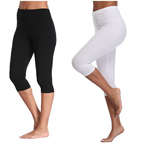 Kotii Women's Lightweight Soft Capri Leggings Crop Leggings 3/4 Stretch Yoga Pants - color: Black and White(2pack), size: Small-Medium