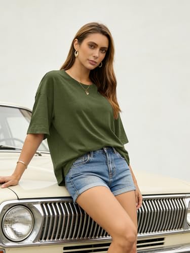UNCLECAT Womens Oversized T Shirts Summer Trendy Short Sleeve Loose Fit Tee - color: Army Green, size: Large