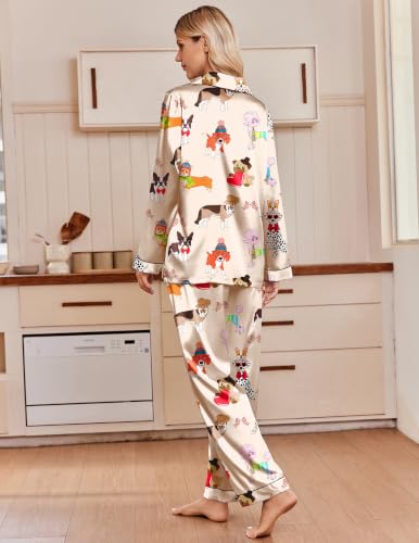 Ekouaer Silk Satin Pajamas for Womens Button Up Long Sleeve Pjs Lounge Set - color: Dog Print, size: Large