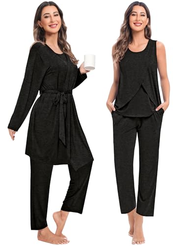 SWOMOG Maternity Nursing Robe Set 3 PCS Postpartum Breastfeeding Pajamas Hospital Pregnancy Pjs Double Layer Lounge Set - color: Black Grey, size: Small