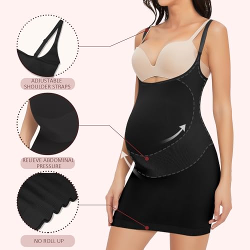 Women's Maternity Bustless Tank Top Belly Support, Pregnancy Adjustable Spaghetti Strap Bodycon Shapewear Slip Dress - color: Black, size: Large