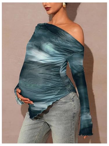 RoseSeek Women's Maternity Off The Shoulder Asymmetrical Tops Mesh Shirts - color: Green Multicolor, size: Small