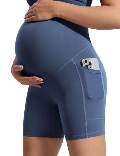 POSHDIVAH Creamluxe Maternity Biker Shorts with Pockets 6"/8" - color: Aegean Blue, size: Large