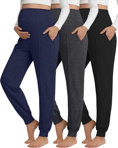 Oakgarden 3 Pack Women's Maternity Pants Over the Belly Joggers - color: Black, Dark Mixed Gray, Dark Blue, size: Small