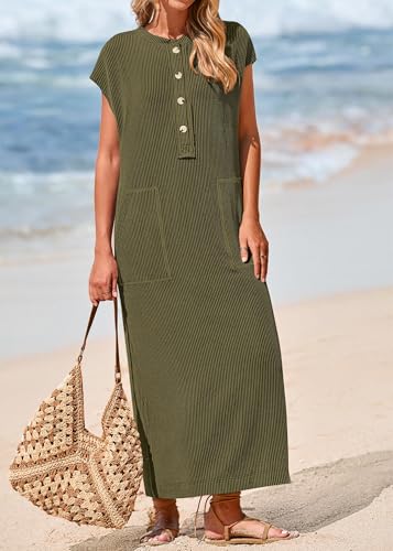 KIRUNDO Womens Summer Ribbed Knit Short Sleeve Maxi Dress - color: Army Green, size: Medium