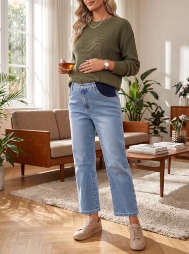BLENCOT Maternity Jeans High Waist Barrel Wide Leg Pregnancy Denim Pants - color: P604 Blue, size: Medium