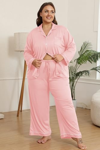 Vozanet Women's Plus Size Pajama Set Button Down Long Sleeve and Pants Lounge Sets with Drawstring and Pockets Sleepwear - color: Light Pink, size: X-Large