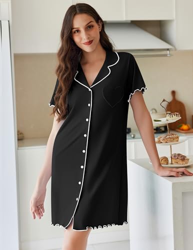 Ekouaer Cotton Nightgowns for Women Button Down Sleep Shirts Night Shirts - color: Black, size: Small