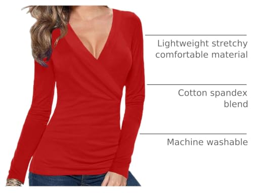 Afibi Womens Slim Fitted Deep V Neck Cross Wrap Top Long Sleeve T-Shirts - color: Red, size: X-Large