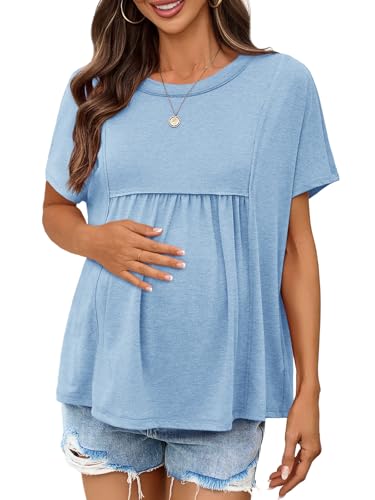 Tankaneo Womens Maternity Tops Batwing Short Sleeve Pregnancy T Shirts - color: Sky Blue, size: Large