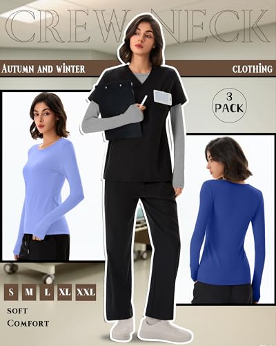 Neer 3 Pack Womens Long Sleeve Underscrub Shirts - color: Royal Blue, Periwinkle, Light Mixed Gray, size: X-Large