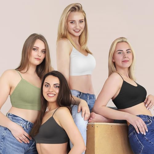 KCDDUMK 4 Pack Cami Bralettes for Women, Spaghetti Strap Sleep Bras - color: Black, White, Olive, Dark-grey, size: Large
