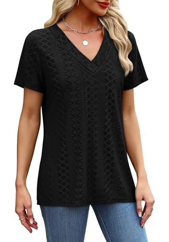SAMPEEL Women's Eyelet Crossed V Neck Short Sleeve T-Shirt - color: All Black, size: X-Large