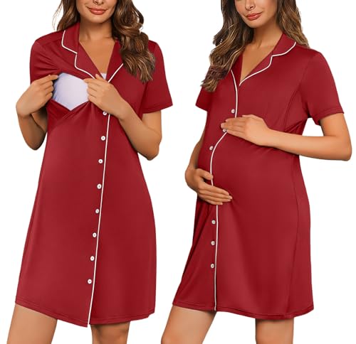 Labor and Delivery Gown Birthing Maternity Pajamas Nightgown Nursing Dress - color: Wine Red, size: Medium