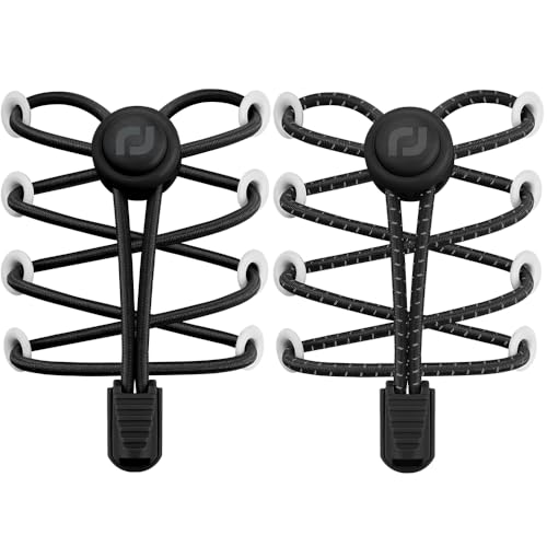 RJ-Sport 2 Pack Elastic No Tie Shoe Laces for Kids & Adults - color: 02 Black & Reflectve Black