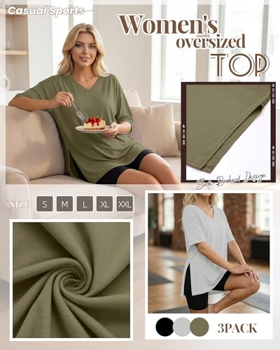Huukeay 3 Pack Oversized Shirts for Women V Neck - color: Black, Army Green, Light Grey, size: X-Large