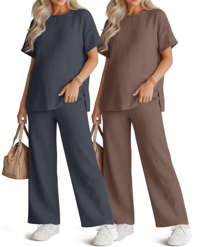 Ficerd 4 Pcs 100% Cotton Muslin Maternity Pajamas Lounge Sets - color: Dark Blue, Light Brown, size: XX-Large