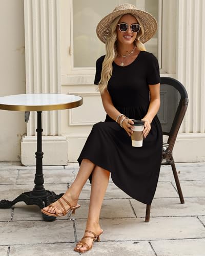 COSSEN Women's 2026 Summer Midi Dress Crew Neck Short Sleeve - color: B01-black, size: Medium