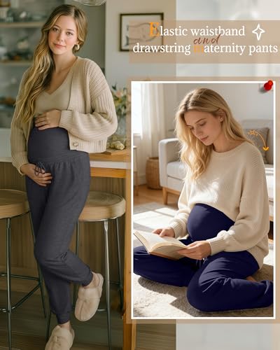 3 Pack Womens Maternity Pants Loose Pregnancy Joggers - color: Navy Blue, Dark Heather Gray, Black, size: Medium