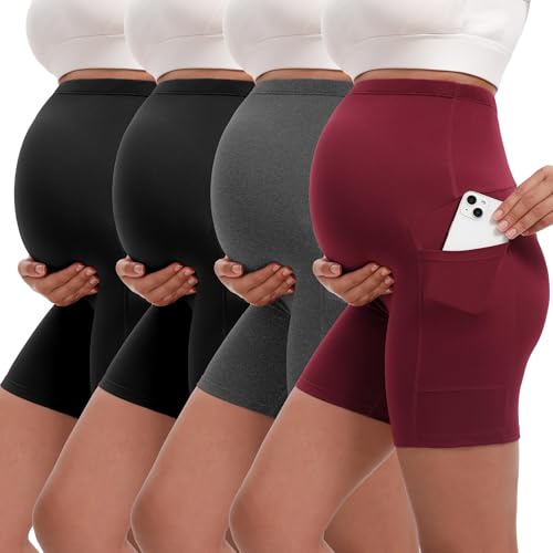 Siimcuzy 4 Pack Women's Maternity Shorts with Pockets Over the Belly - color: 2 Black 1 Heather Grey 1 Wine, size: Medium