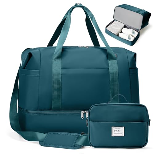 Travel Duffel Bag,Overnight Weekender Bags for Women with Shoe Compartment - color: Peacock Blue
