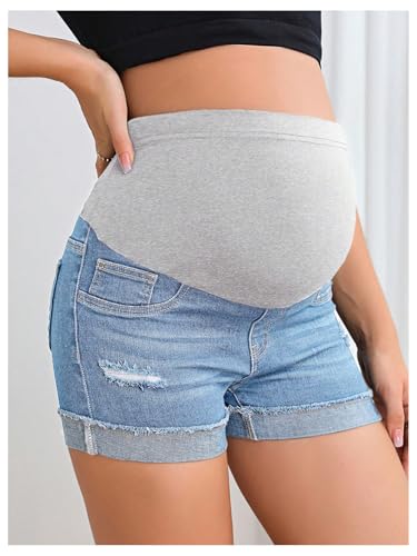 BEAUDRM Women's Maternity Adjustable High Waist Denim Mini Shorts - color: Light Wash a, size: X-Large