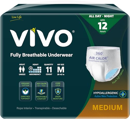 VIVO Organic Cotton Sensitive Skin Overnight Adult Incontinence Pullup Underwear, Women & Men, Medium 11 Count - size: Medium (11 ct), style: Pullup Underwear