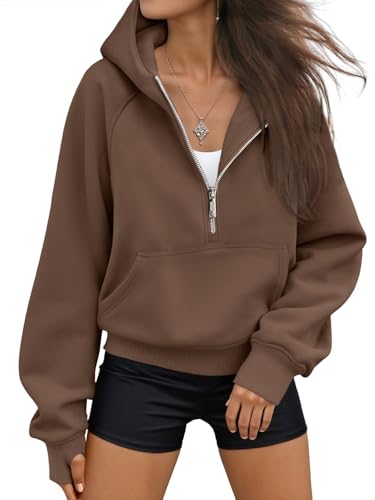 AUTOMET Womens Hoodies Half Zip Up Casual Comfort Fall Clothes 2026 - color: Brown, size: Small