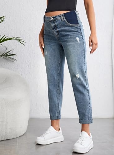 BLENCOT Maternity Jeans High Rise Stretchy Waistband Straight Leg - color: Myosotis, size: Medium