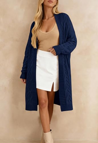 PRETTYGARDEN Long Sleeve Open Front Chunky Cardigan Sweaters for Women Cable Knit Long Cardigans Spring Outfits with Pockets - color: Blue, size: Medium