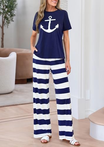 PRETTYGARDEN Pajamas for Women 2 Piece Lounge Set - color: Navy Blue, size: Small