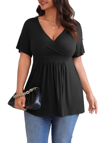 POSESHE Womens Plus Size Tops 2026 Summer Short Sleeves Tunic Tops - color: Black, size: X-Large Plus