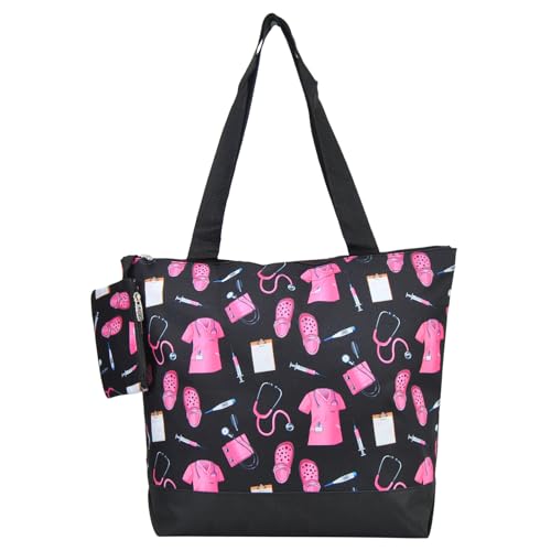 NGIL Medium Canvas Tote Bag with Coin Purse - color: Pink Nurse Print-black