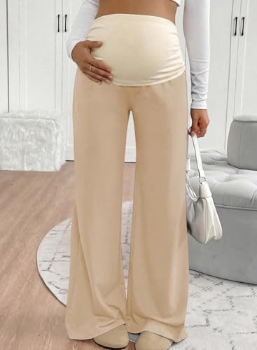 BLENCOT Women's Maternity Pants Wide Leg Over The Belly Pregnancy Pants - color: Beige, size: Medium