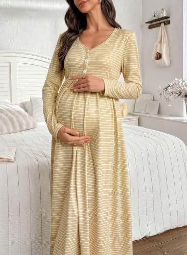 BLENCOT Maternity Dress V Neck Long Sleeve Striped Button Down Maxi Dresses - color: Yellow, size: Small