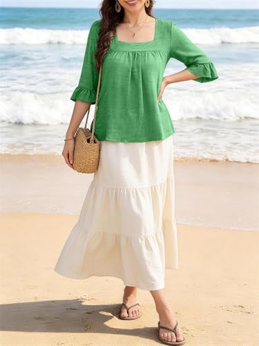 Bulotus Womens Plus Size Tops Square Neck Blouse Boho Top Chiffon 3/4 Sleeve Ruffle Shirt Cute Tunic 2026 Spring Summer - color: Green, size: X-Large Plus