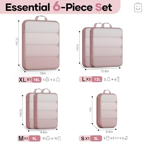 Veken 6/9/11 Set Compression Packing Cubes for Travel Essentials,Compressible Expandable Luggage Suitcase Organizer Bags for Clothing,Space Saver Bags with Over 1000 pcs of Mesh Holes(Light Coral) - color: Light Coral, size: 6 set