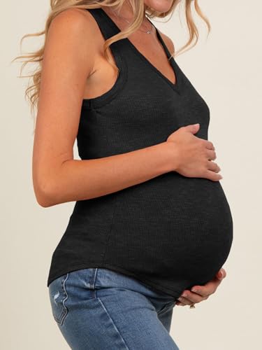 Tankaneo Womens Maternity Tank Tops Sleeveless V Neck Ribbed Knit Shirts - color: Black, size: Medium