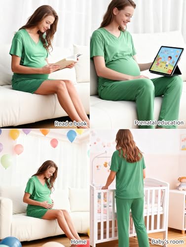 DANSHOW Maternity Nursing Pajama Set Postpartum Lounge PJS - color: Grass Green, size: XX-Large