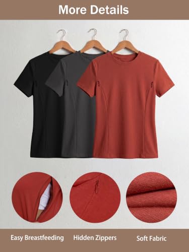 Ecavus 3 Pack Nursing Shirts for Breastfeeding, Hidden Zippers Nursing Tops - color: Black/Charcoal/Red Wood, size: Small