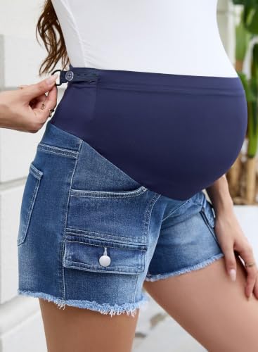 BLENCOT Maternity Denim Cargo Shorts Over Belly Soft Stretch Frayed - color: Sail Blue, size: X-Large