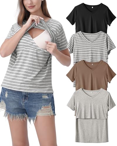 Rnxrbb 4 Pack Nursing Tops for Women Postpartum Breastfeeding Shirts - color: Black&light Gray&brown&gray Stripe, size: X-Large