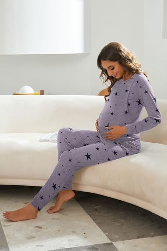 Ekouaer Nursing Pajamas Set Long Sleeve Maternity Clothes Thermal Underwear - color: Grey Star, size: X-Large